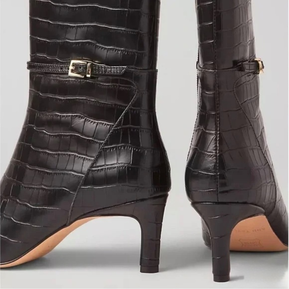 NEW ANN TAYLOR BLACK ANKLE STRAP CHAIN CROCO CROC HEEL BOOTIES BOOTS SZ 9 - Picture 2 of 4